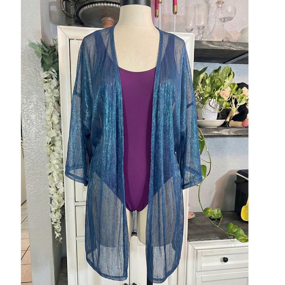 One Size Blue Open Front Beach Cover-Up Cardigan Sheer‎ Summer
